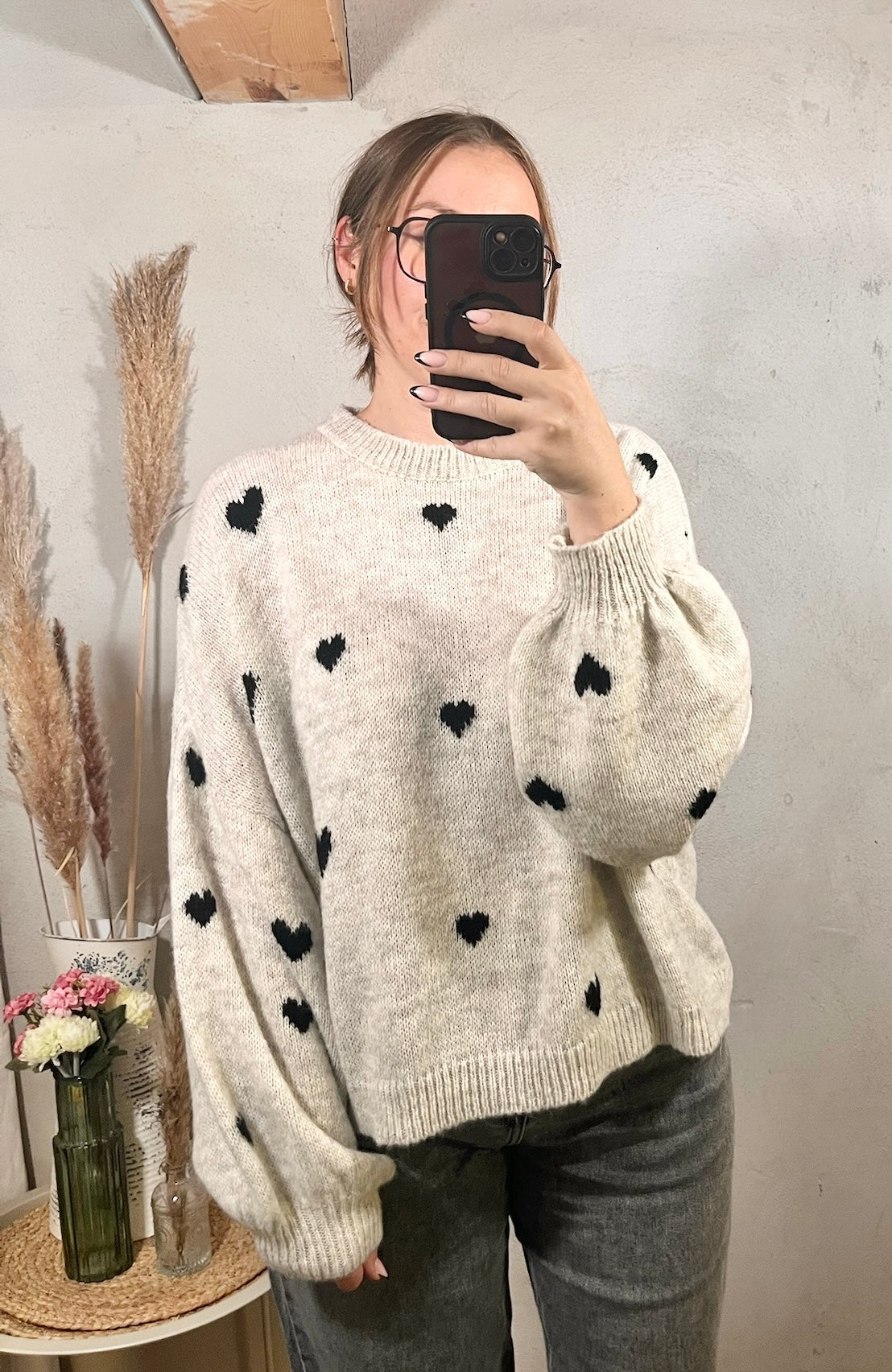 Onesize Pullover mit Herzen in Ivory