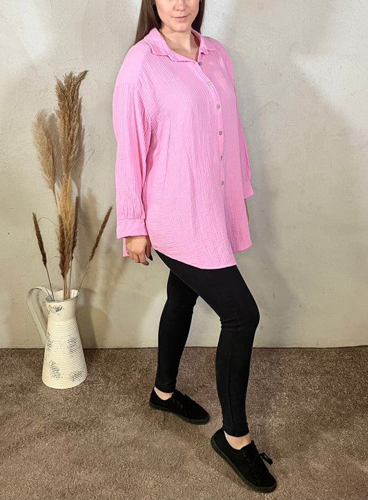 Lange Oversize Musselin Bluse in Rosa