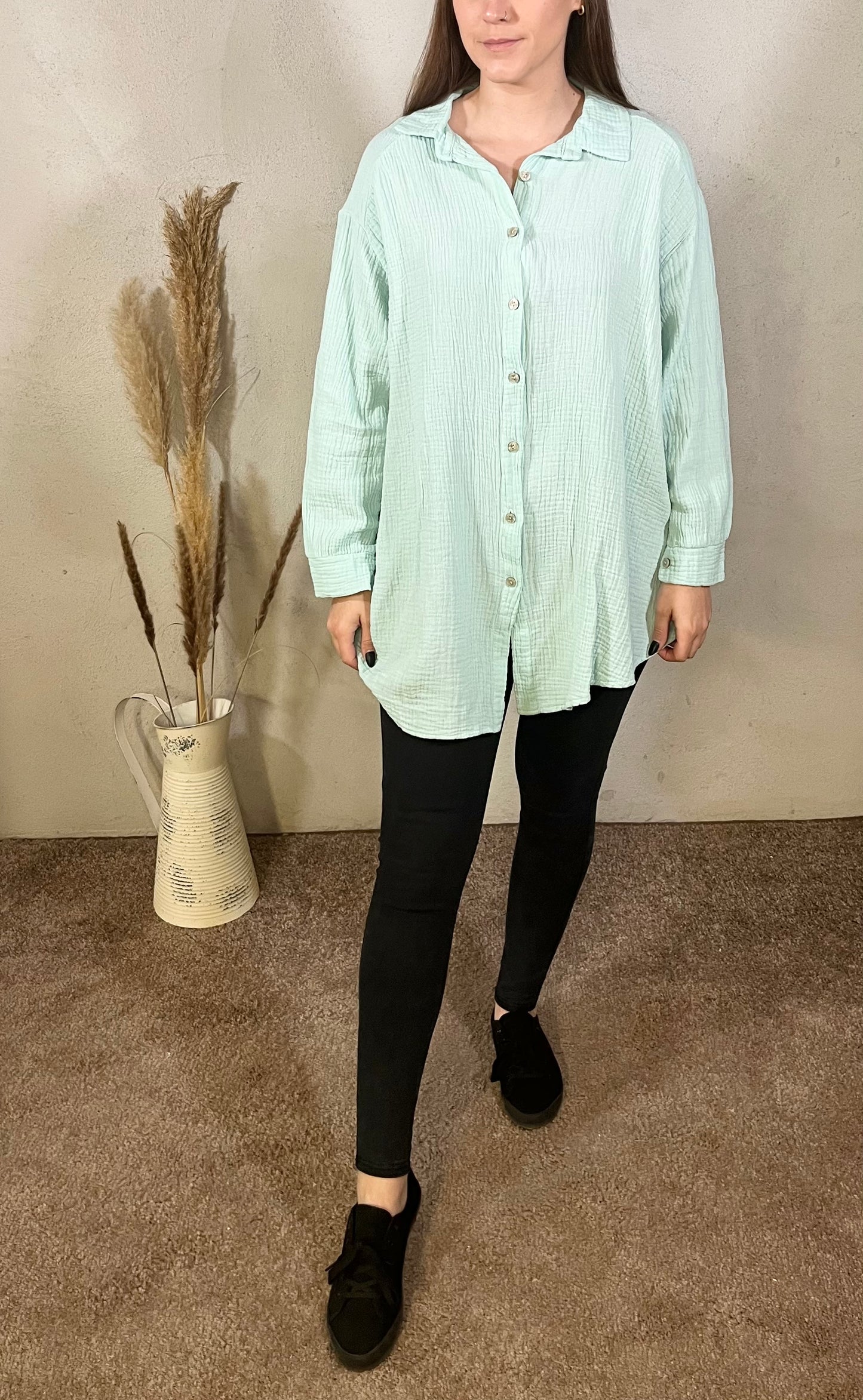Long oversized muslin blouse in water green