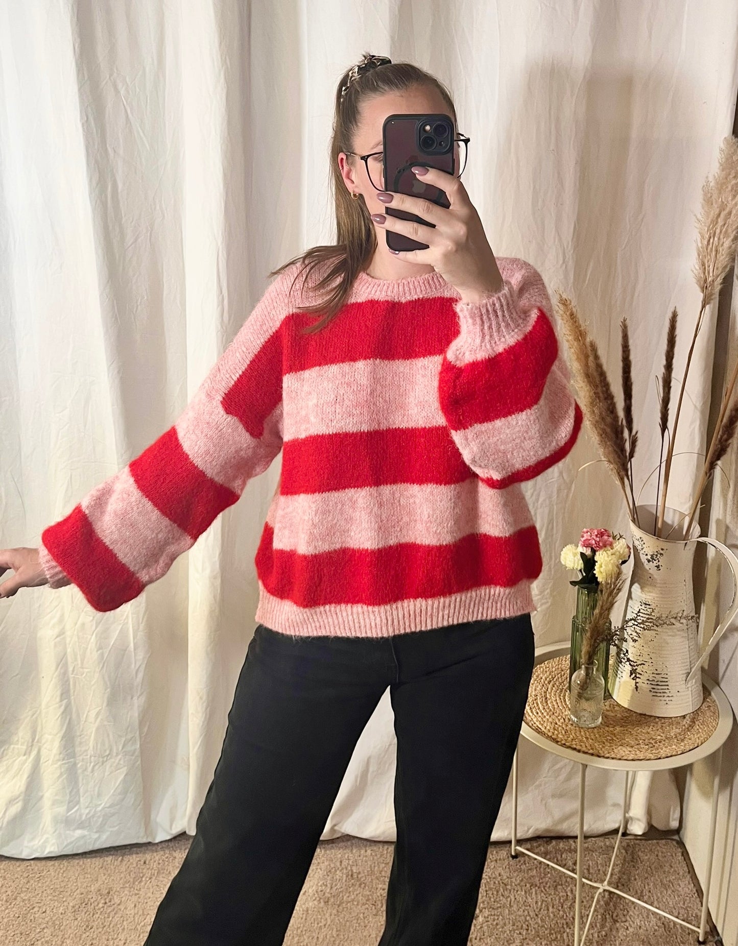 Oversize Pullover mit Streifen in Rot/Rosa