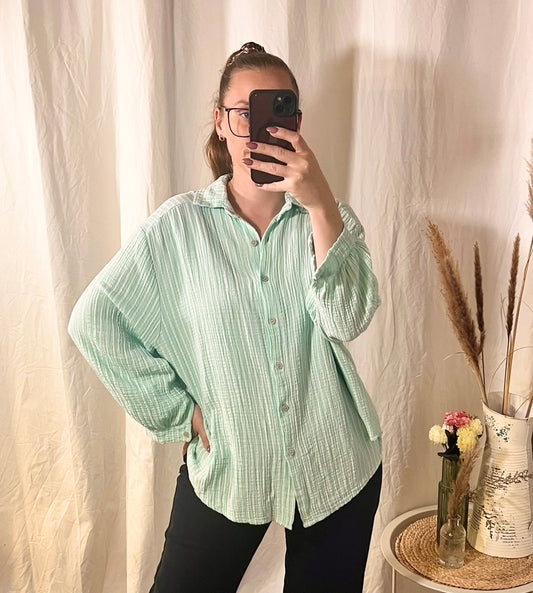 Oversize muslin blouse striped in khaki/ white