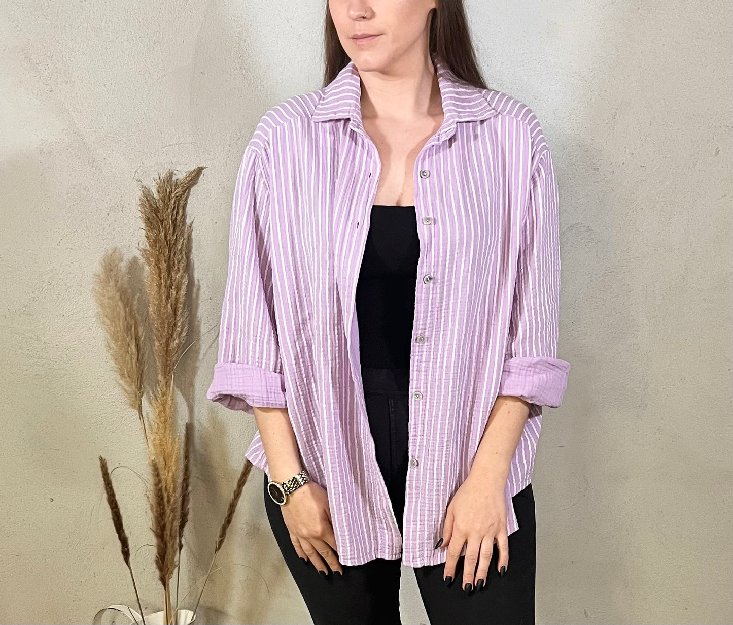 Oversize Musselin Bluse gestreift in Flieder/ Weiß