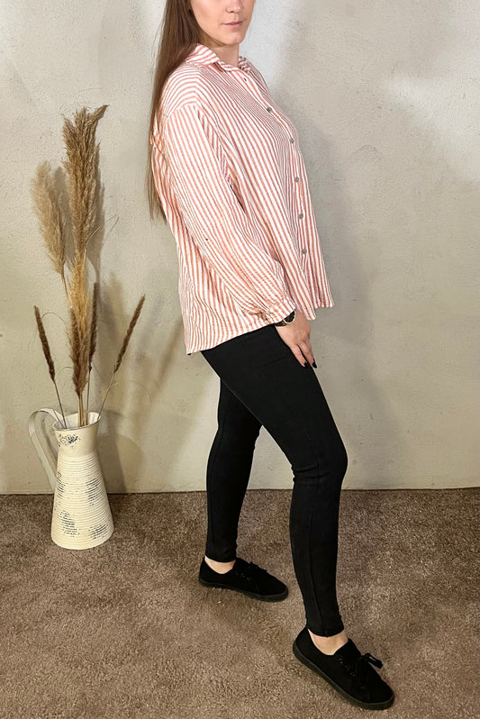 Oversize Musselin Bluse gestreift in Weiß/Rosa