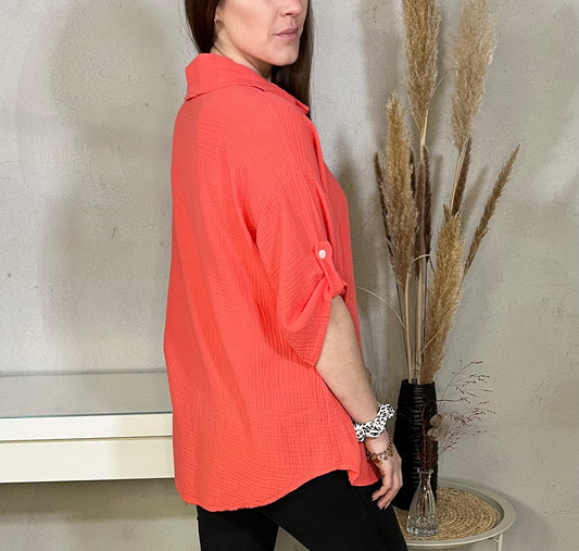 Kurze Oversize Musselin Bluse mit 3/4 Arm in Koralle
