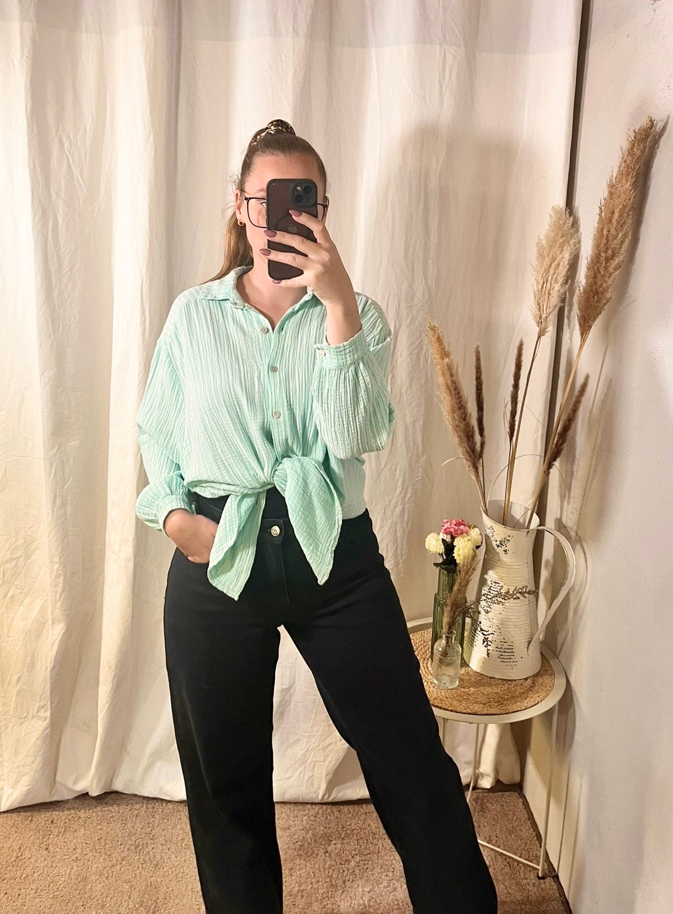 Oversize Musselin Bluse gestreift in Wassergrün / Weiß