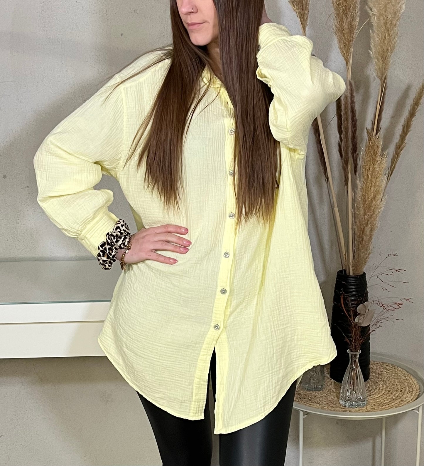 Long oversized muslin blouse in yellow