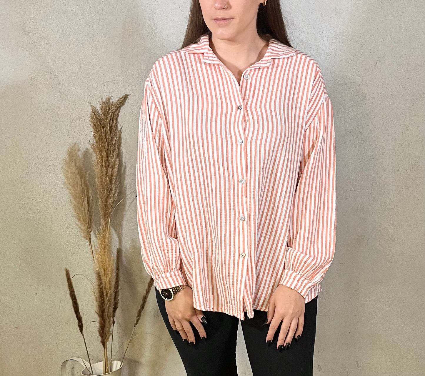 Oversize Musselin Bluse gestreift in Weiß/Rosa
