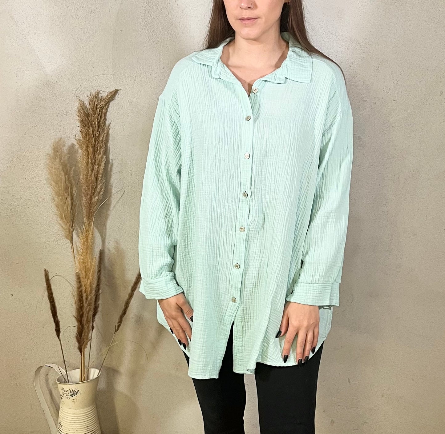 Long oversized muslin blouse in water green