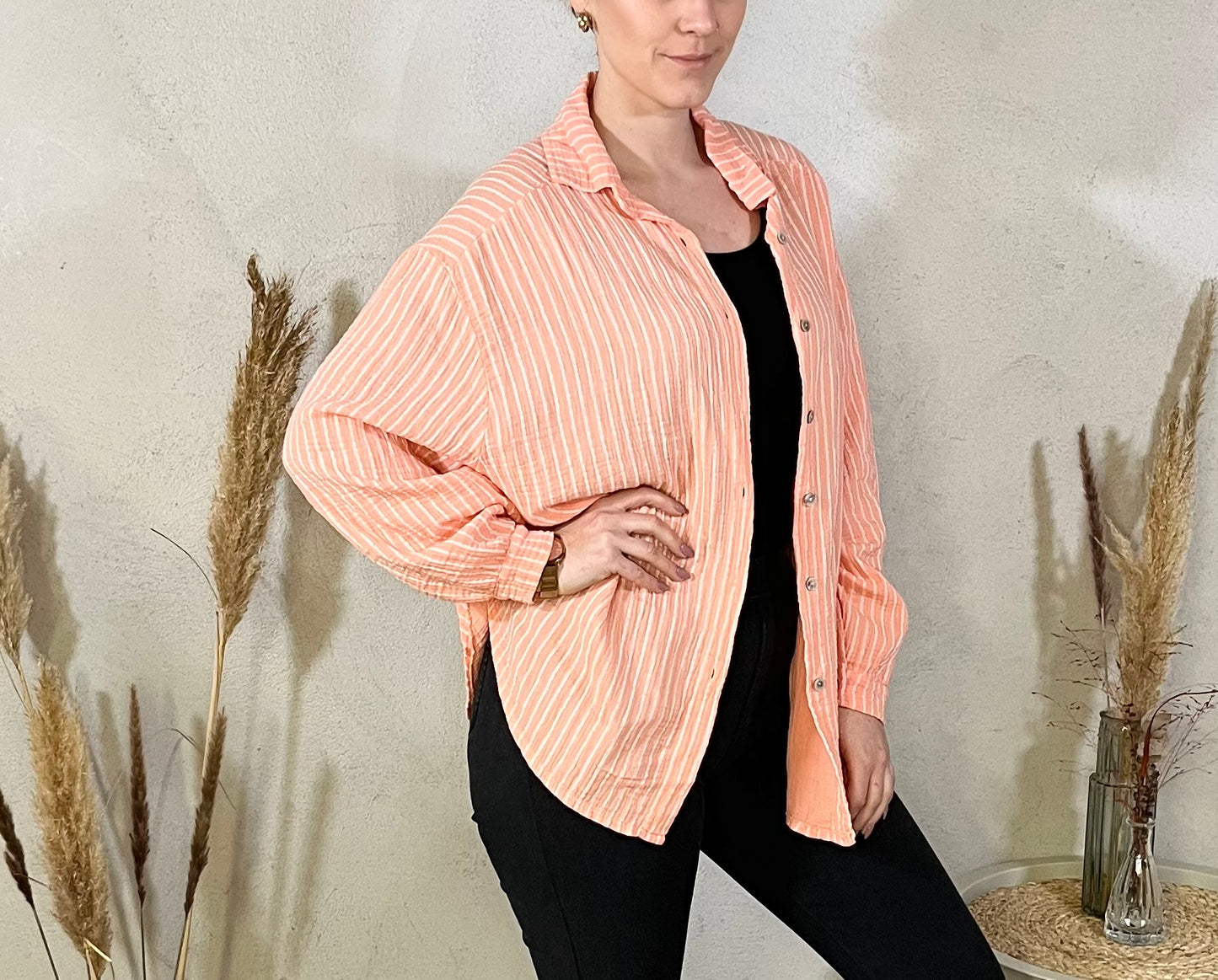 Oversize Musselin Bluse gestreift in Koralle