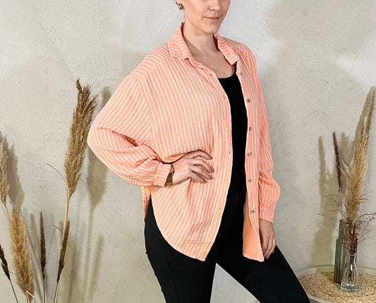 Oversize Musselin Bluse gestreift in Koralle
