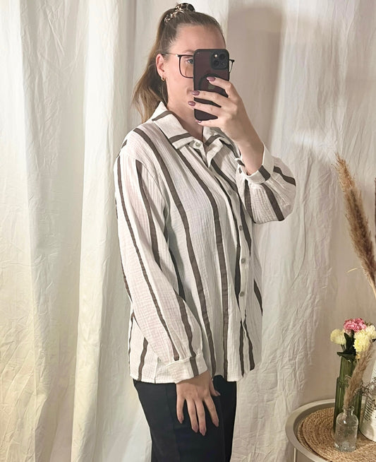 Bluse Streifen aus Musselin in Khaki / Weiß