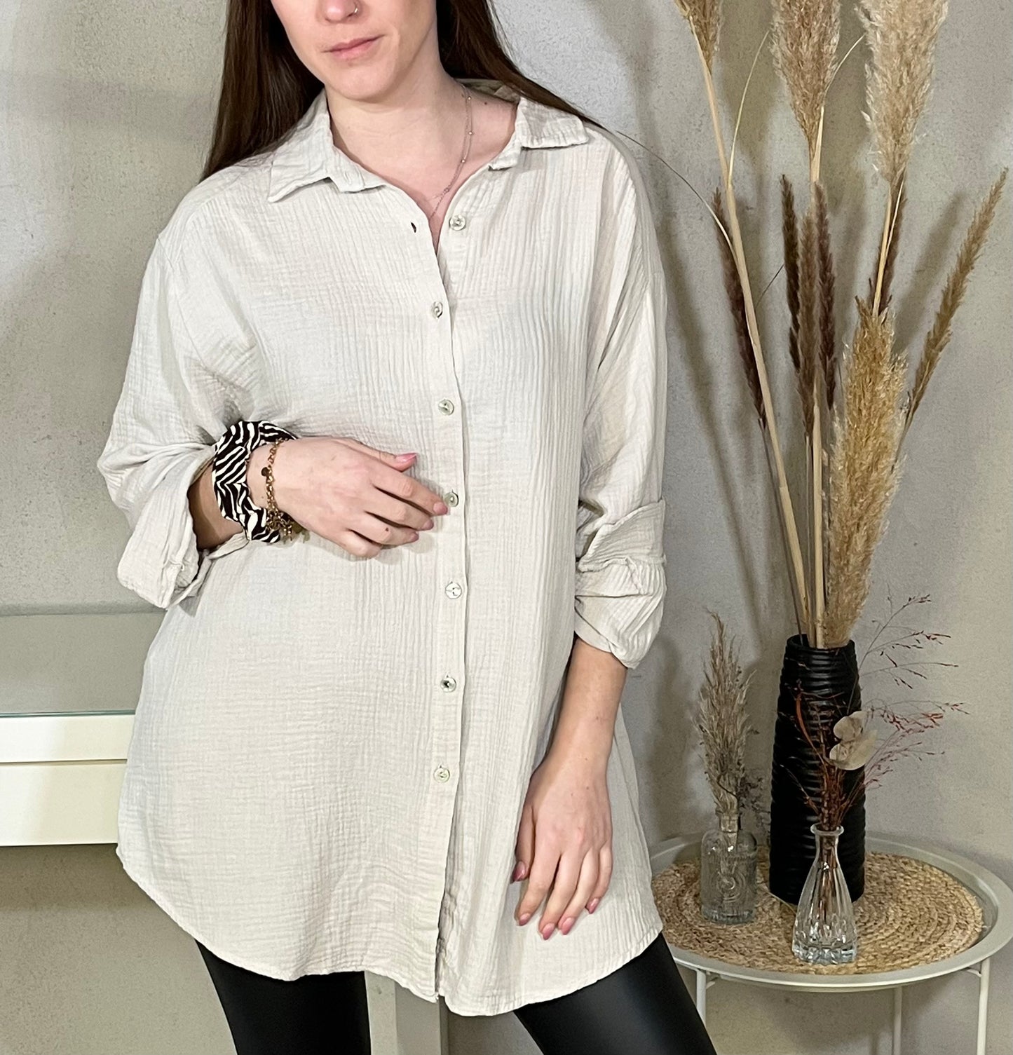Long oversized muslin blouse in beige