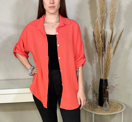 Kurze Oversize Musselin Bluse mit 3/4 Arm in Koralle