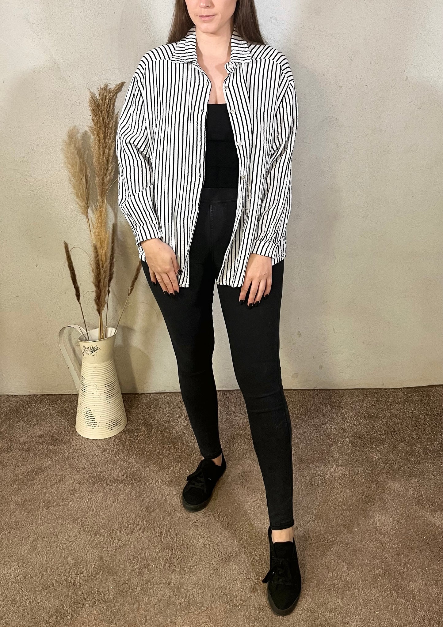 Oversize Musselin Bluse gestreift in Weiß/Schwarz