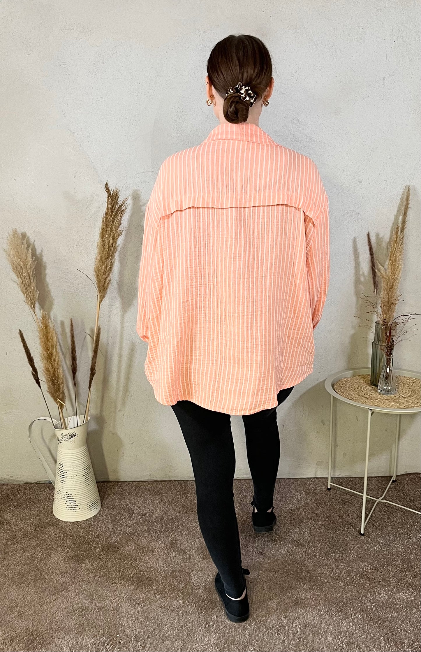 Oversize Musselin Bluse gestreift in Koralle