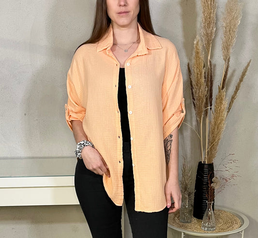 Kurze Oversize Musselin Bluse mit 3/4 Arm in Aprikose