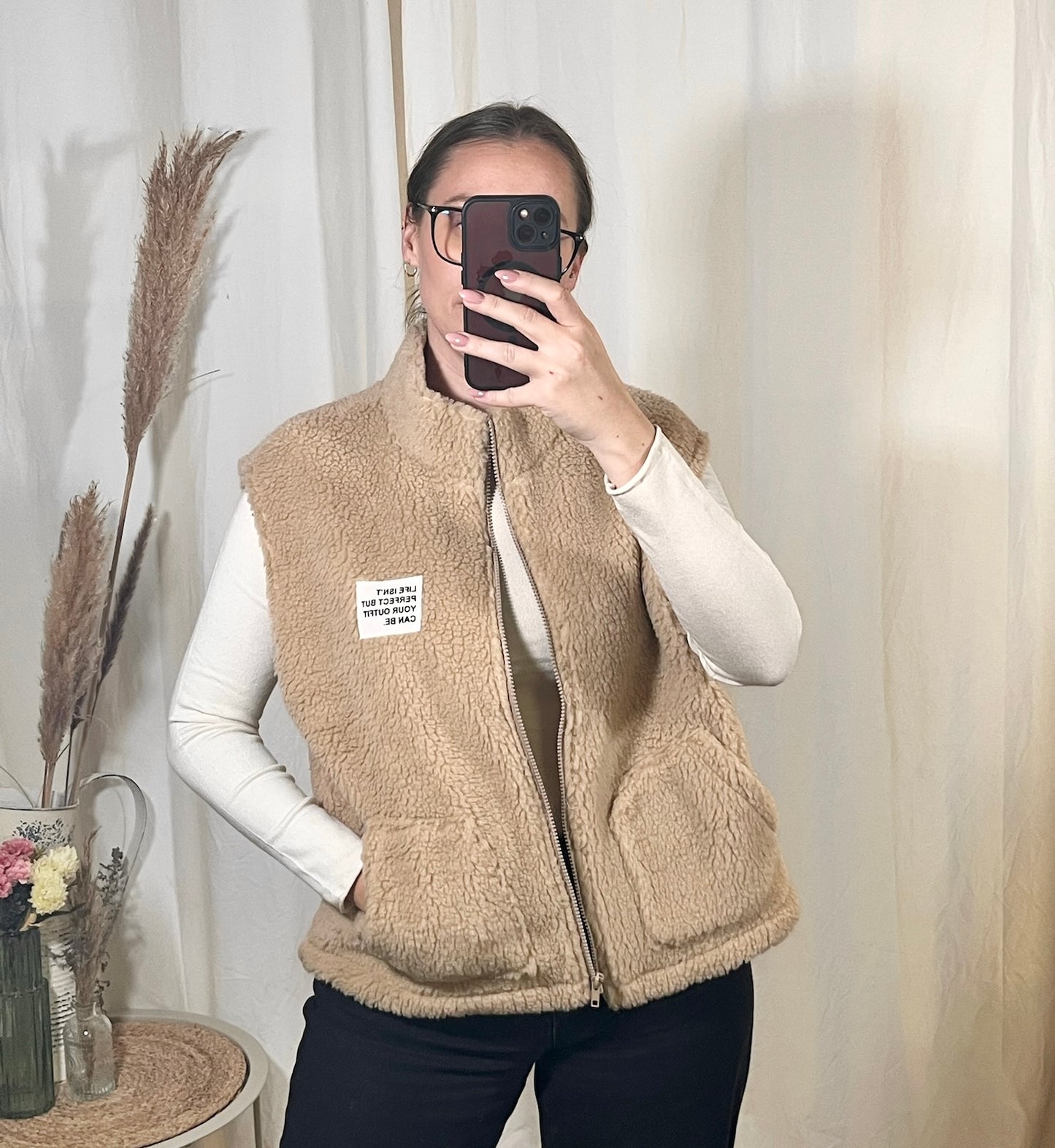 Teddy Weste mit Reißverschluss in Beige