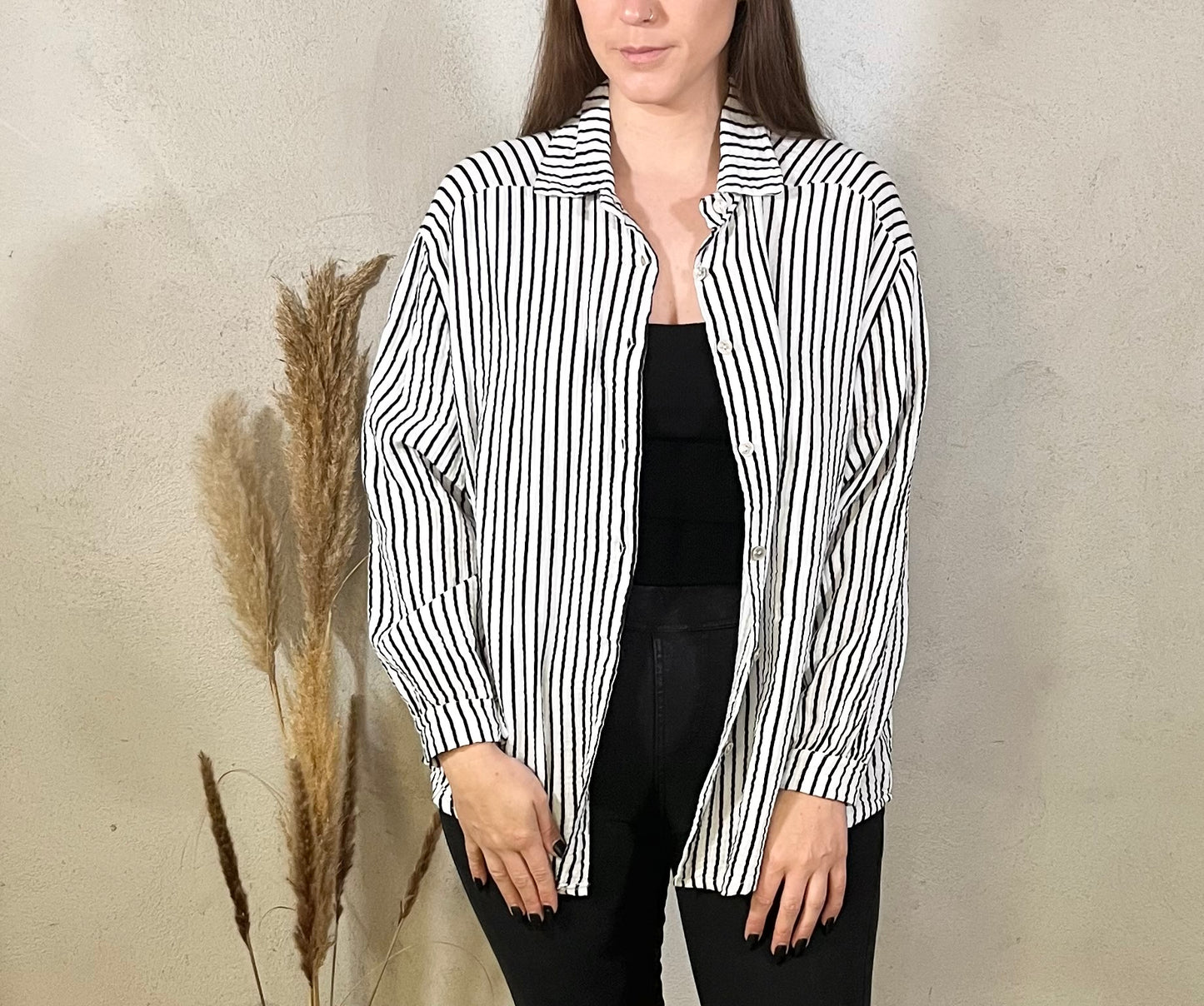 Oversize Musselin Bluse gestreift in Weiß/Schwarz