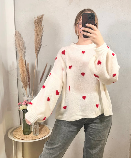 Onesize Pullover mit Herzen in Weiß