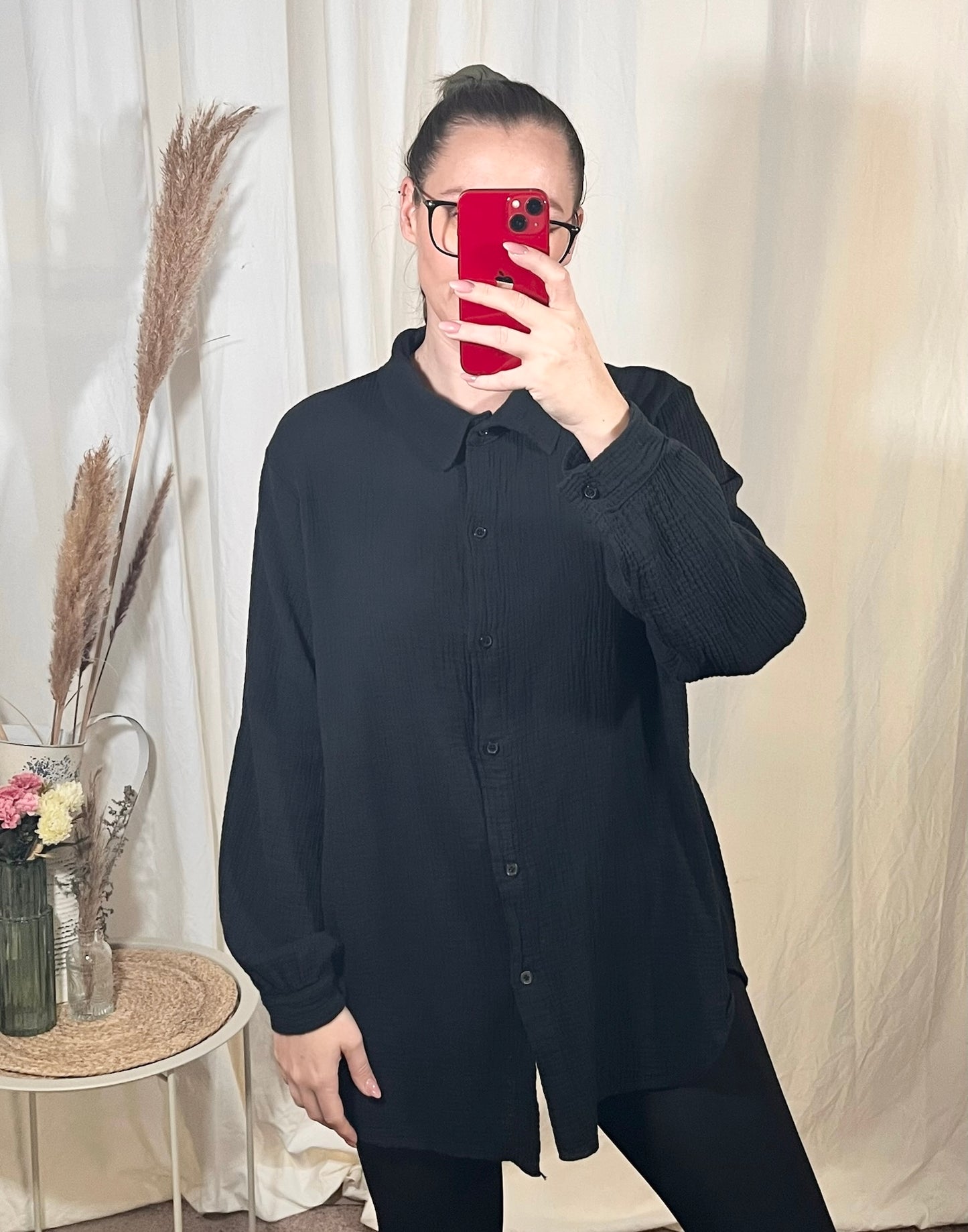 Oversize Musselin Bluse in Schwarz