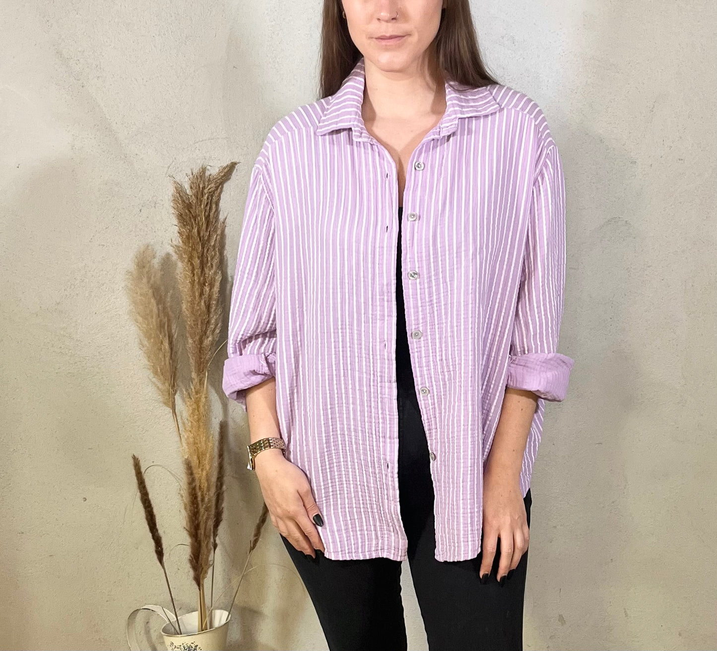 Oversize Musselin Bluse gestreift in Flieder/ Weiß