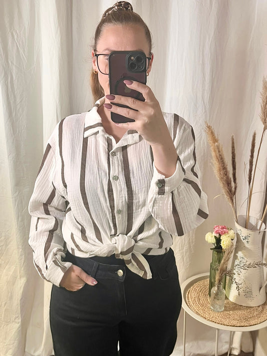 Bluse Streifen aus Musselin in Khaki / Weiß