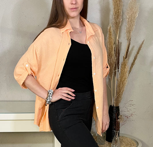 Kurze Oversize Musselin Bluse mit 3/4 Arm in Aprikose