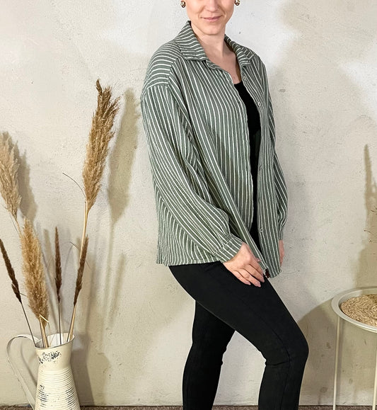 Oversize Musselin Bluse gestreift in Khaki