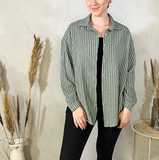 Oversize Musselin Bluse gestreift in Khaki