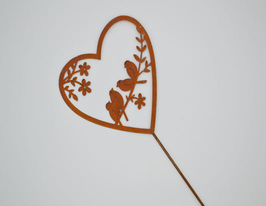 Piquet de jardin coeur, décor d'oiseau