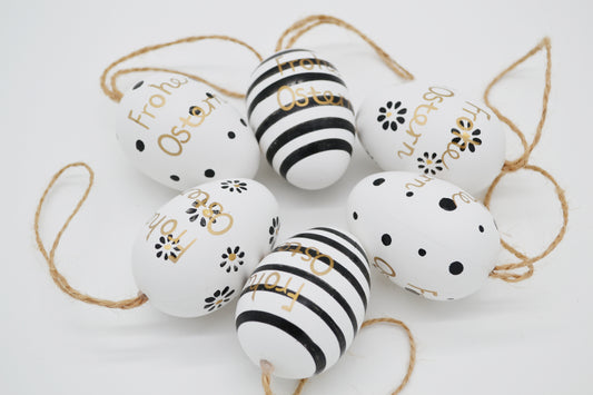 Oeufs de Pâques à suspendre, noir et blanc doré, lot de 6