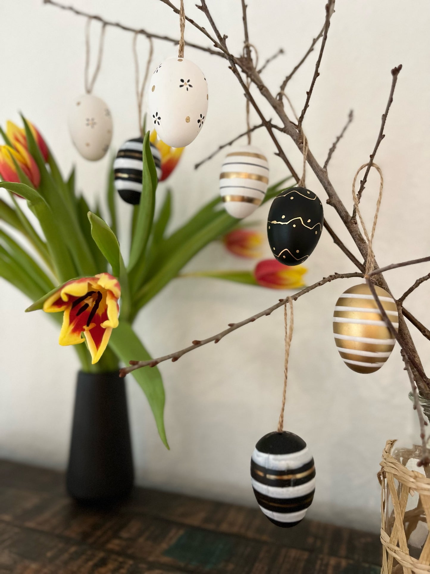 Hanging Easter Eggs, Black White Gold, Set of 6